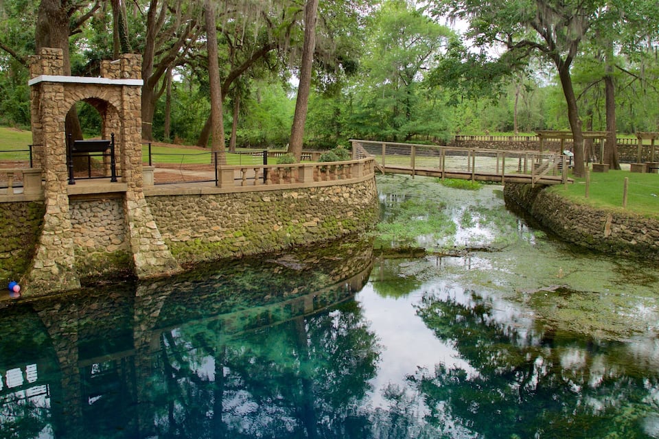 Un pont de pierre enjambe une rivière paisible, entouré d’une végétation luxuriante et d’arbres.