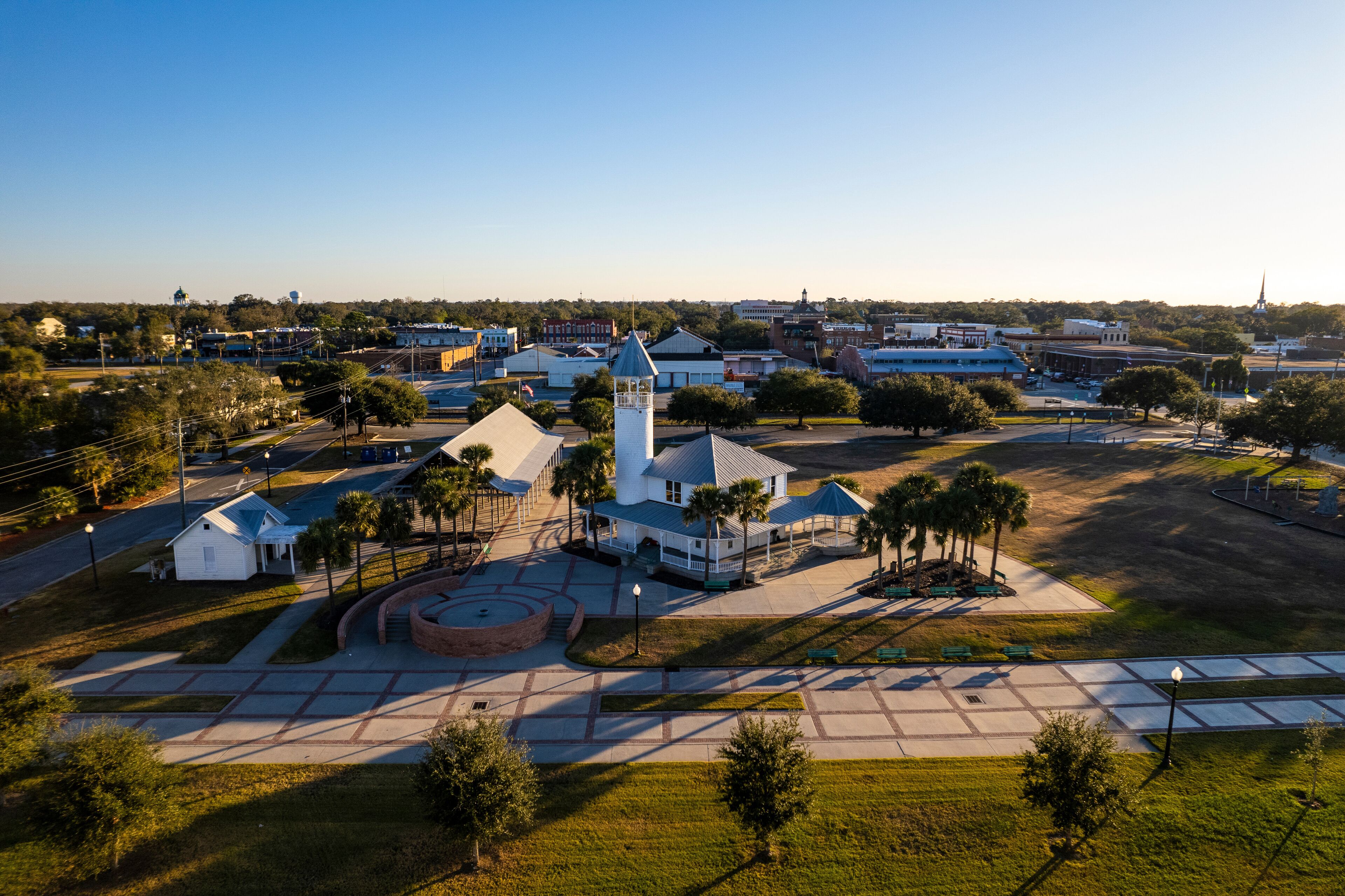 Aerial view of Oglethorpe Bay with Mary Ross Waterfront Park and Brunswick Landing Marina surrounded by trees and buildings, Brunswick, Georgia, USA.