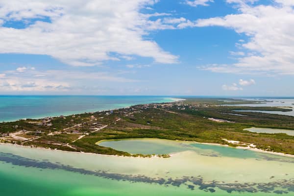 Panoramic aerial view of Punta Cocos on the island of Isla Holbox