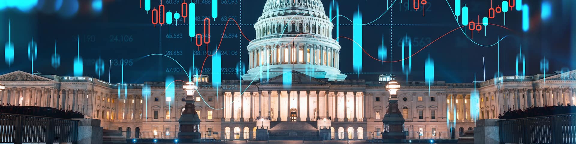 Front view, Capitol dome building at night, Washington DC, USA. Illuminated Home of Congress and Capitol Hill. Forex graph hologram. The concept of internet trading, brokerage and fundamental analysis