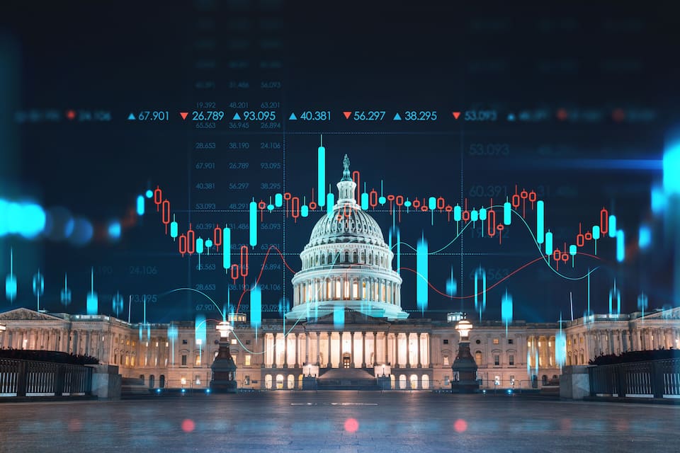 The United States Capitol building with financial data overlays.