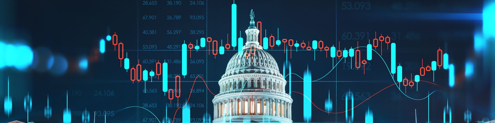 Front view, Capitol dome building at night, Washington DC, USA. Illuminated Home of Congress and Capitol Hill. Forex graph hologram. The concept of internet trading, brokerage and fundamental analysis