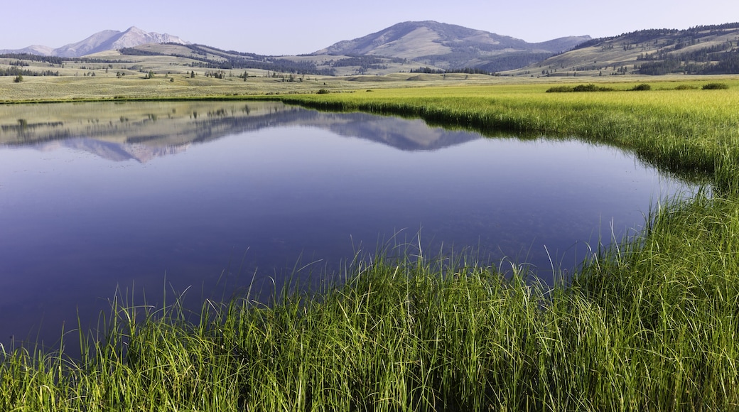 West Yellowstone, Wyoming, USA - Reflections of hills, trees, snow peaked mountains on a bring sunny day in Yellowstone National Park near West Yellowstone, Wyoming, USA.