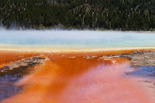 Et geotermisk varmebad med levende orange og pink farver, omgivet af et skovklædt bjerg.