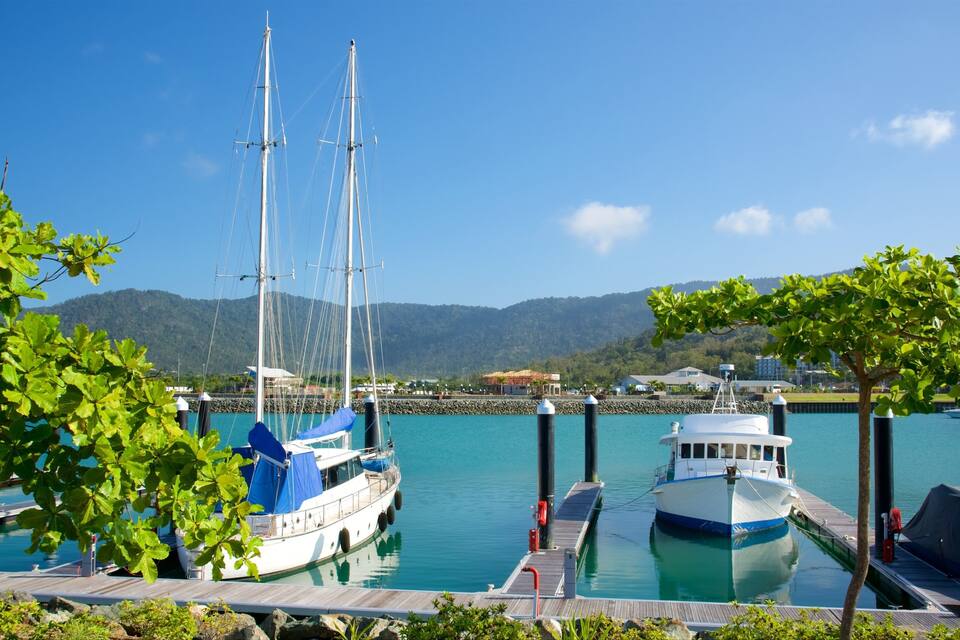 A marina with two sailboats docked, surrounded by greenery and a mountainous backdrop.