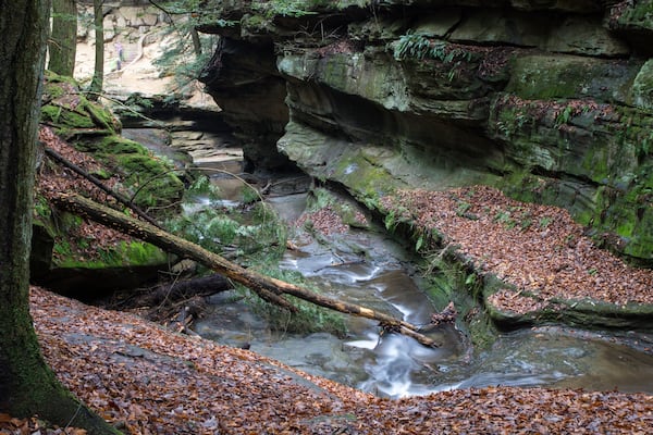 Hocking Hills River Canyon. River flows through a canyon in the Old Mans Cave Area in Hocking Hills State Park in southeastern Ohio.