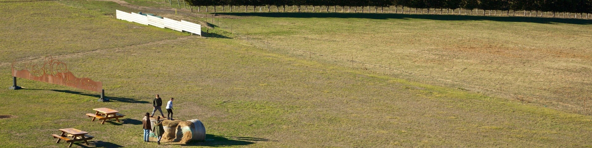 Devil’s Corner Cellar Door showing landscape views and farmland as well as a small group of people