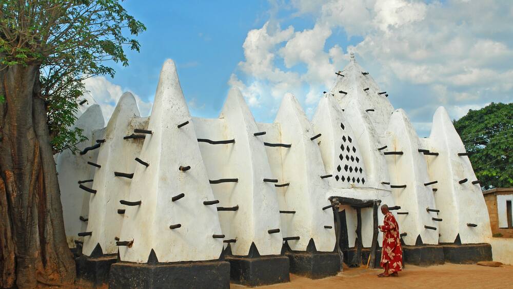 The Larabanga Mosque is built in the Sudanese architectural style in the village of Larabanga, Ghana