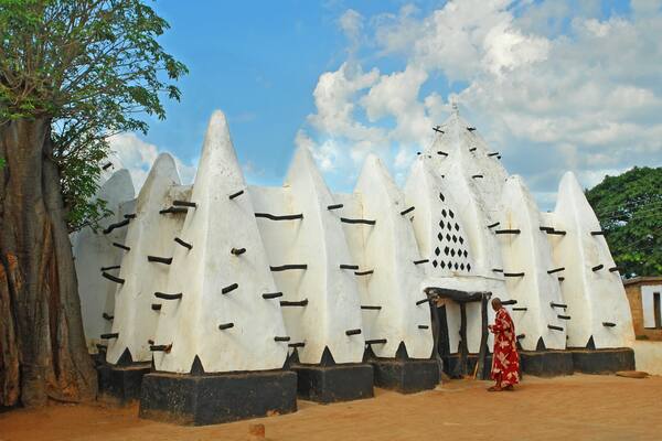 The Larabanga Mosque is built in the Sudanese architectural style in the village of Larabanga, Ghana