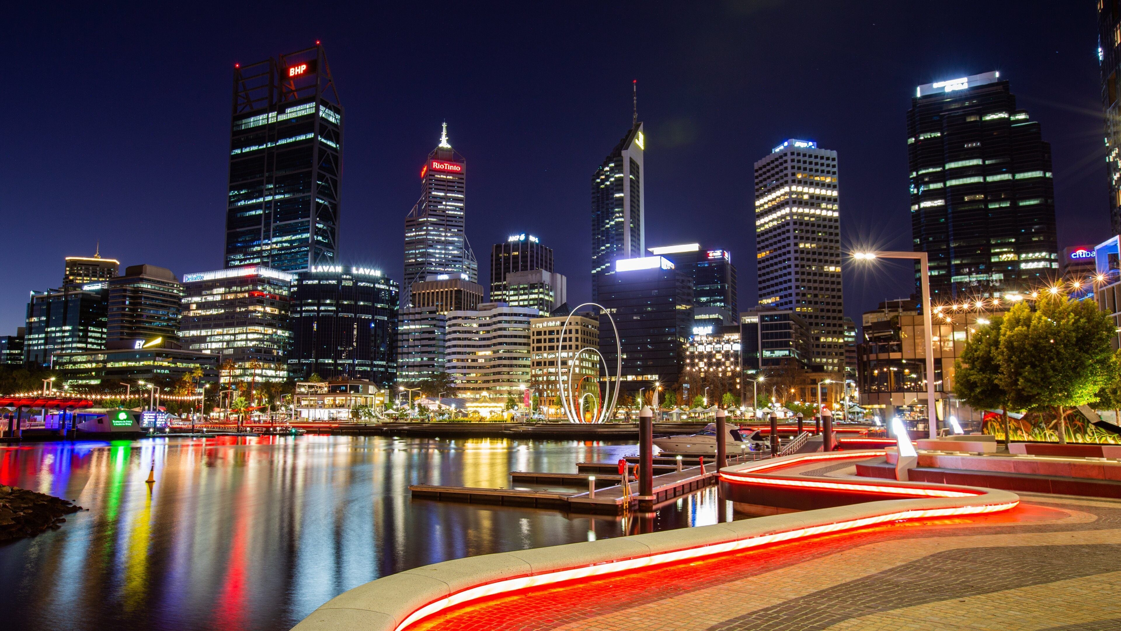Elizabeth Quay featuring night scenes, a city and a bay or harbor