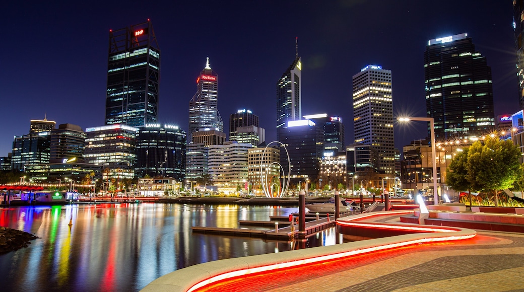 Elizabeth Quay featuring night scenes, a city and a bay or harbor
