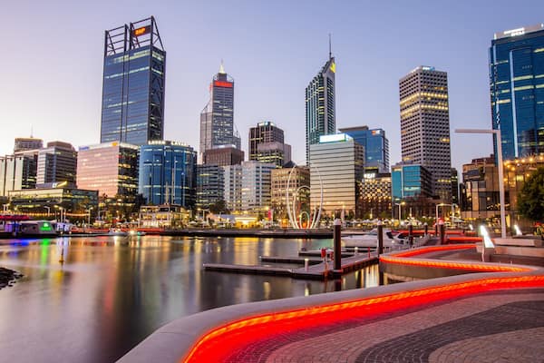 Elizabeth Quay which includes a sunset, a city and a bay or harbor