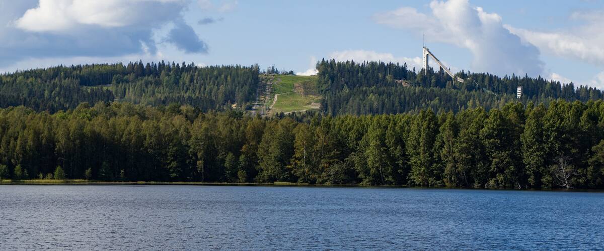 A lake surrounded by dense forest and a hill with a wind turbine.
