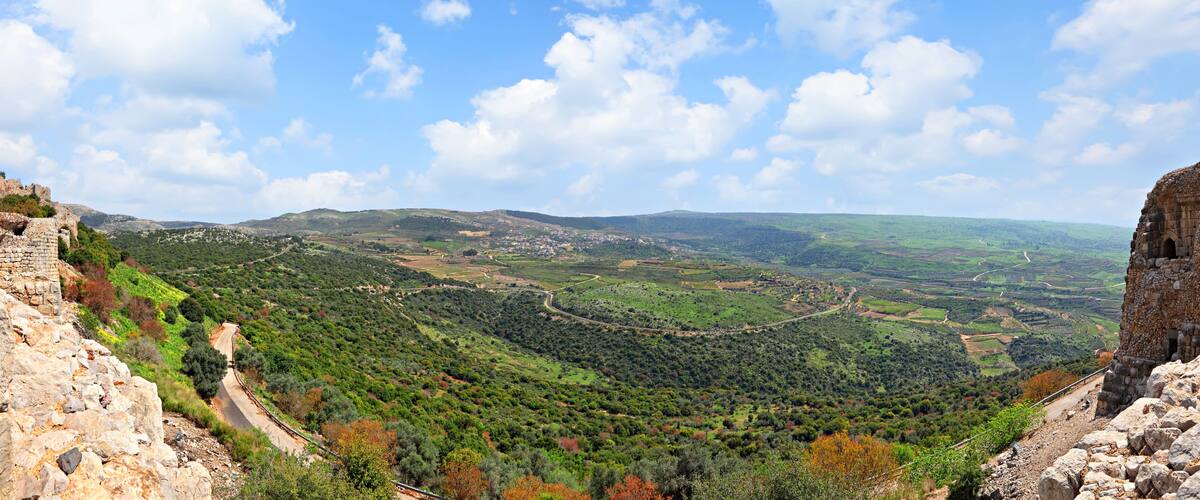 A mountainous landscape with a winding road, stone ruins, and a valley with fields and trees.