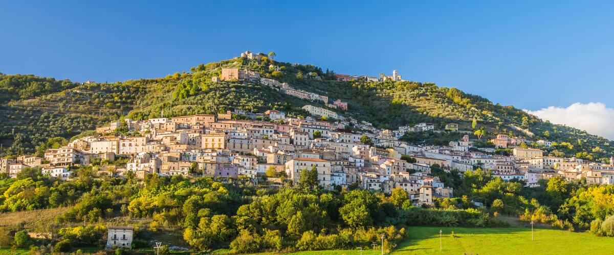 A hillside town with buildings densely packed on a slope, surrounded by greenery and a clear sky.