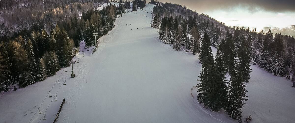 A snow-covered ski slope with trees and a clear sky.