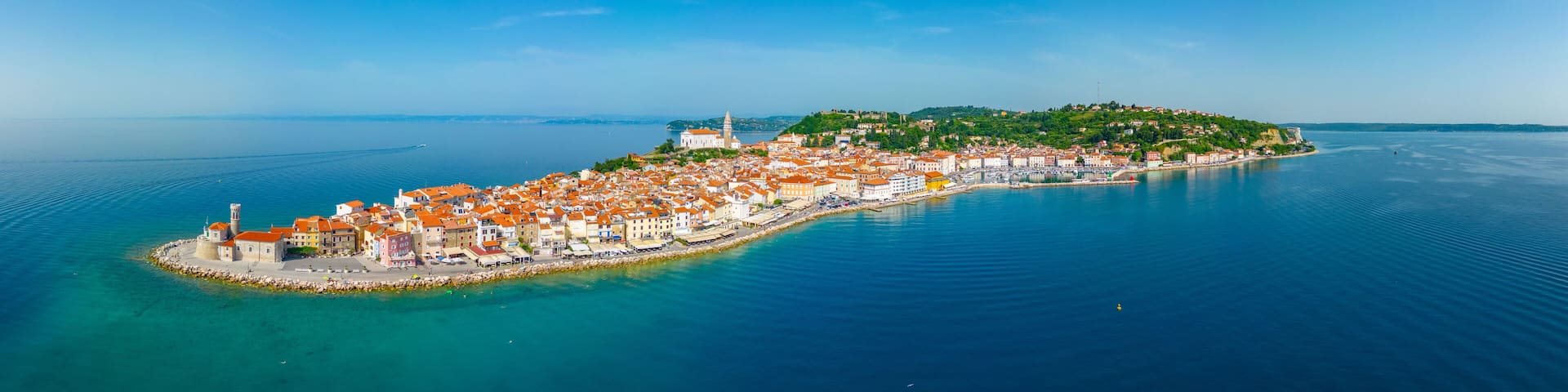 Aerial panorama view of Slovenian town Piran