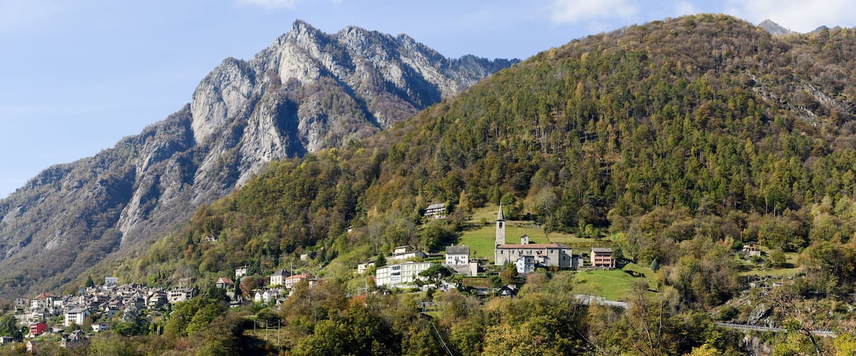 A mountainous landscape with a village nestled in the valley.