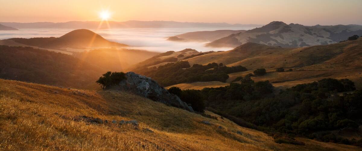 Rolling hills, a sunrise, and a valley with mist.