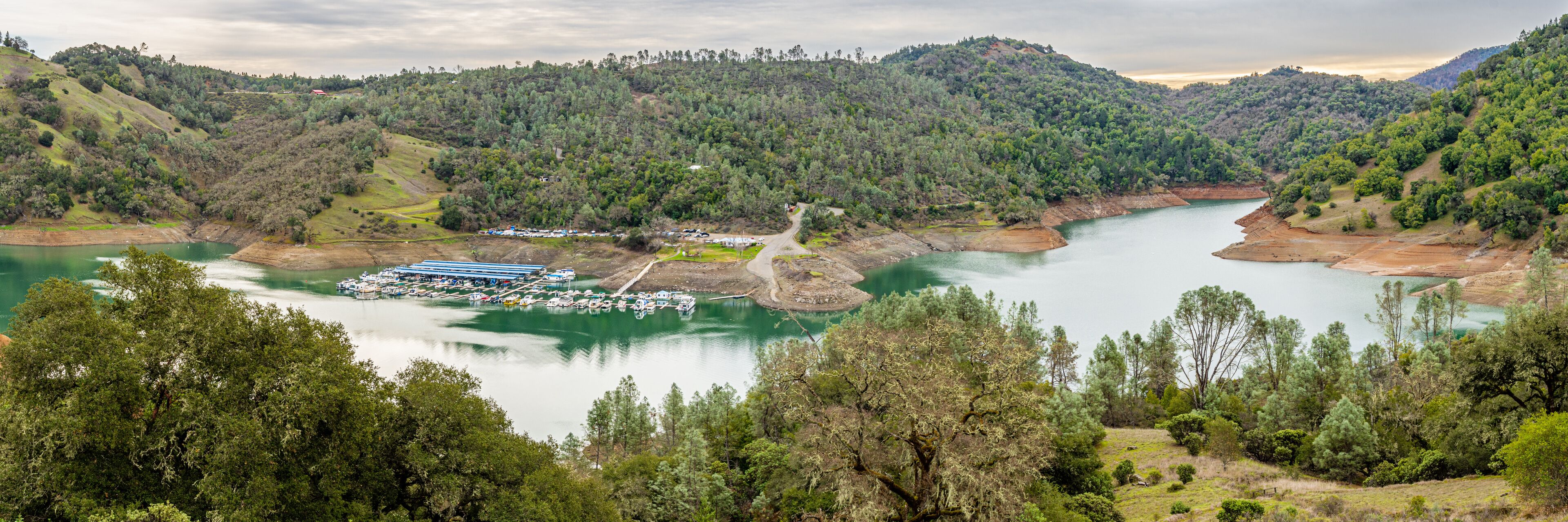 Panorama of the marina at Lake Sonoma, on Dry Creek a tributary of the Russian River. Sonoma County, California, USA.	