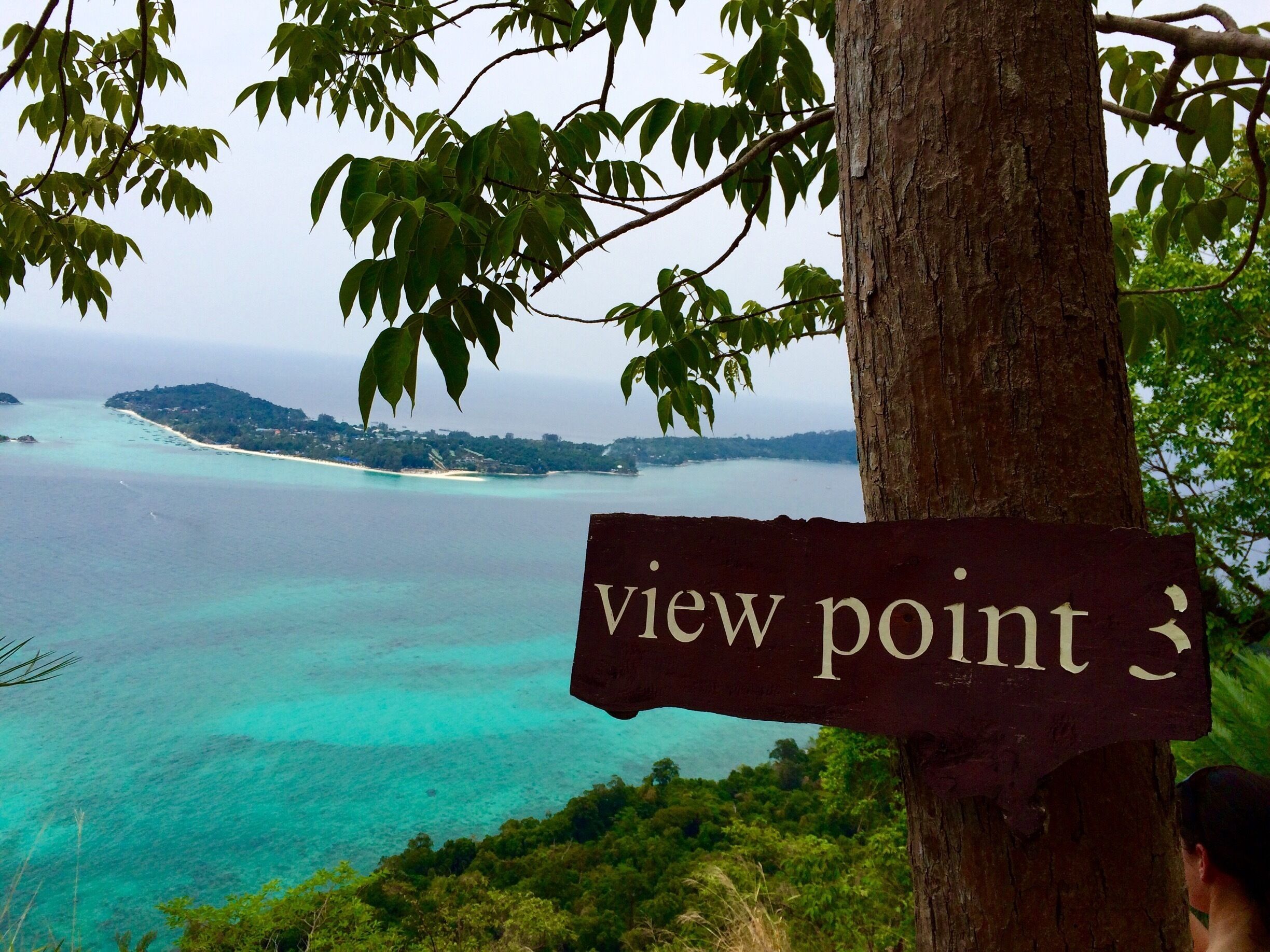 A view point sign with a coastal landscape in the background.