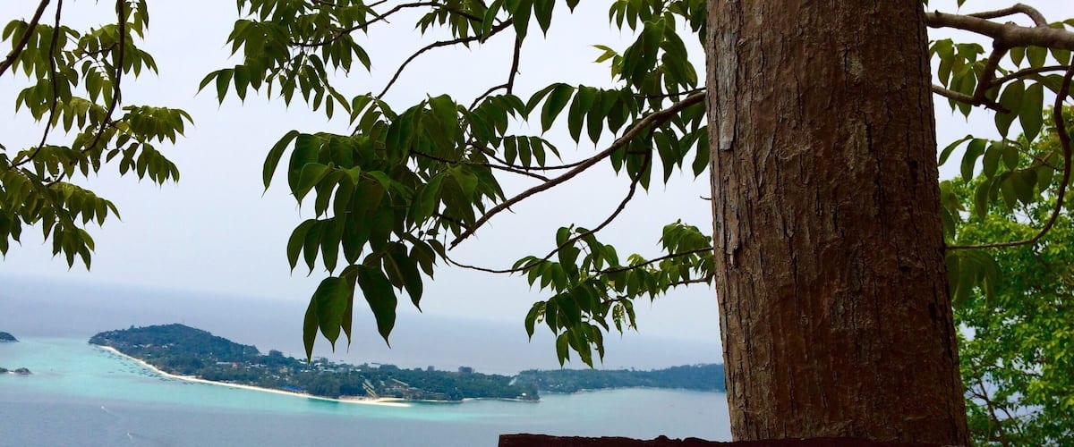 A view point sign with a coastal landscape in the background.