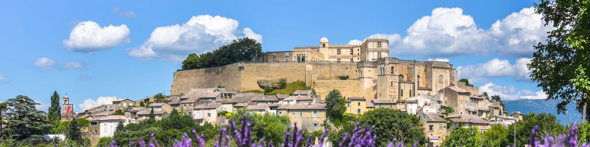 village Grignan situated on a hill with lavender, Provence, France, village with castle Château de Grignan, in Drôme department, region Auvergne-Rhône-Alpes