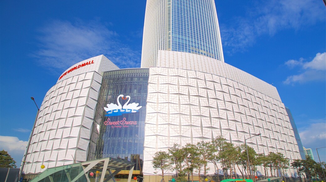 Lotte World Tower which includes modern architecture and signage
