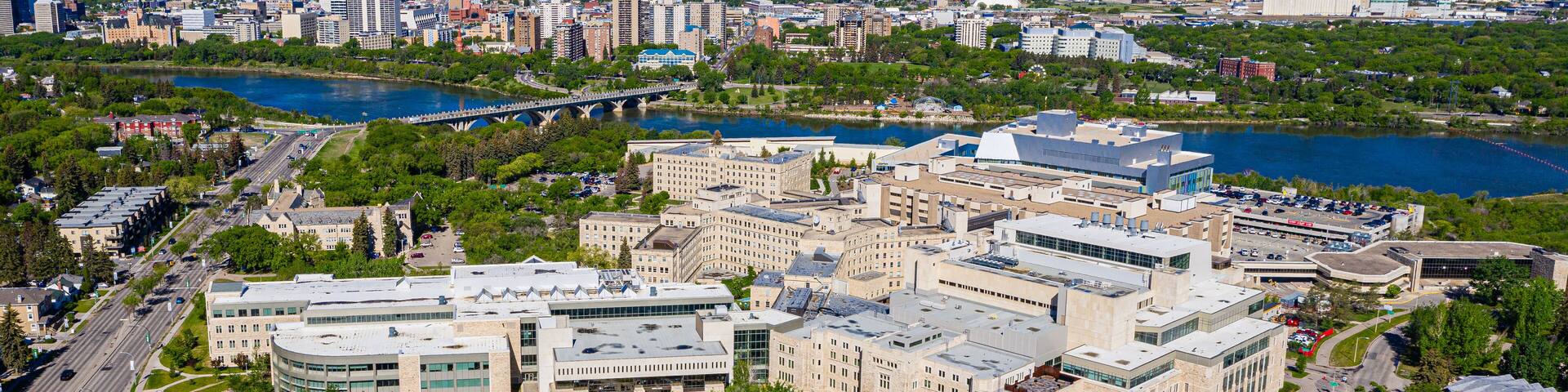 City view from above with a large hospital in the middle