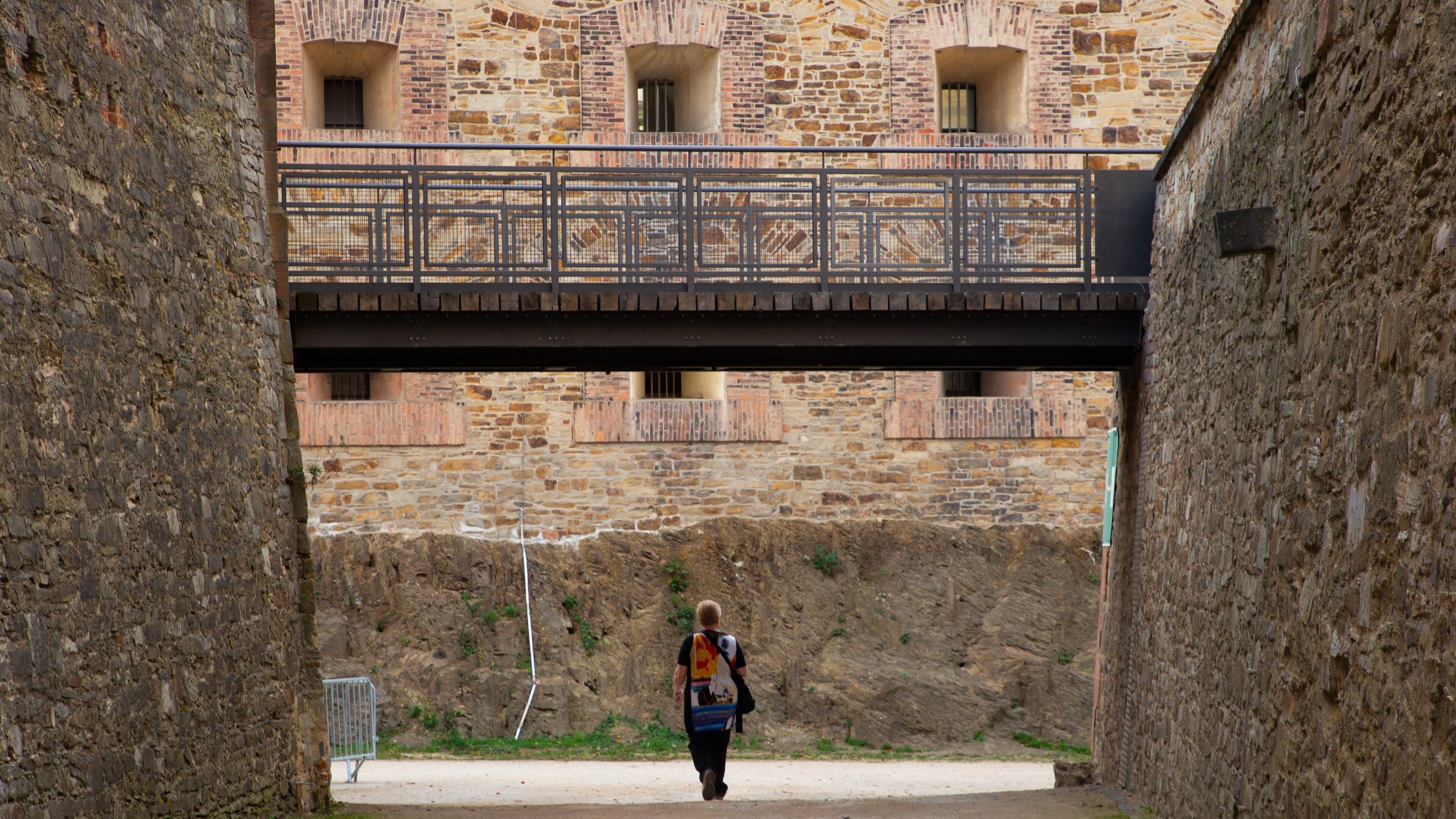 Ehrenbreitstein Fortress showing a bridge and heritage elements as well as an individual male