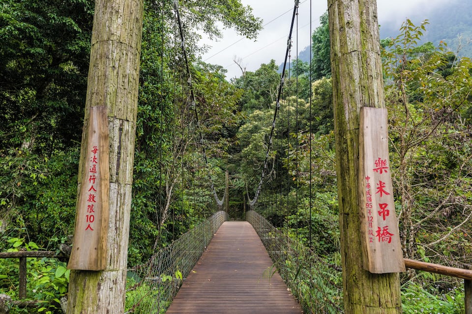 A wooden bridge in a forested area with signs indicating a weight limit and a specific date.