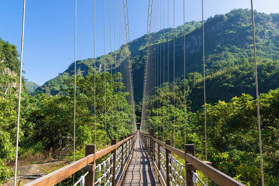 A suspension bridge with wooden railings and cables, surrounded by lush green forest and hills.