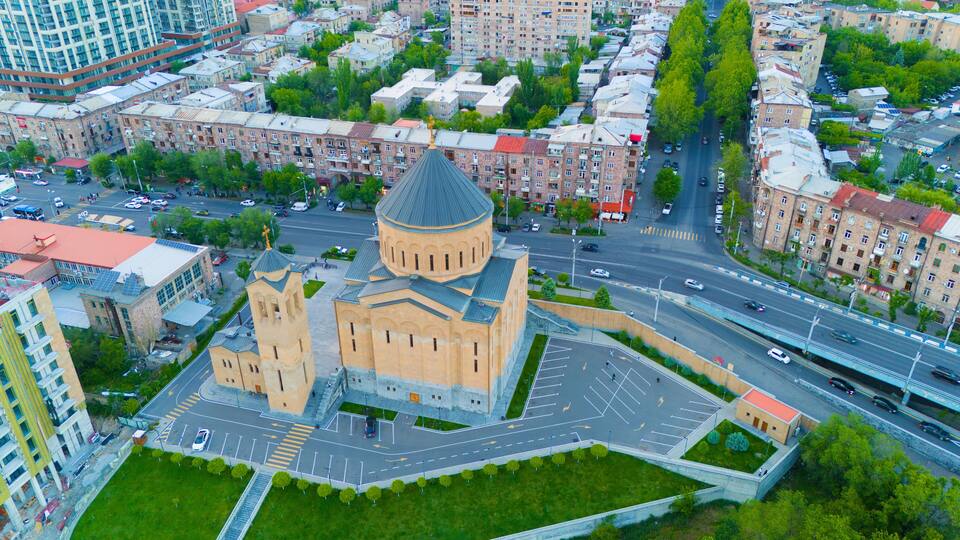 Arabkir Church of the Araratian Pontifical Diocese or Holy Cross Church. Тaken with a drone.