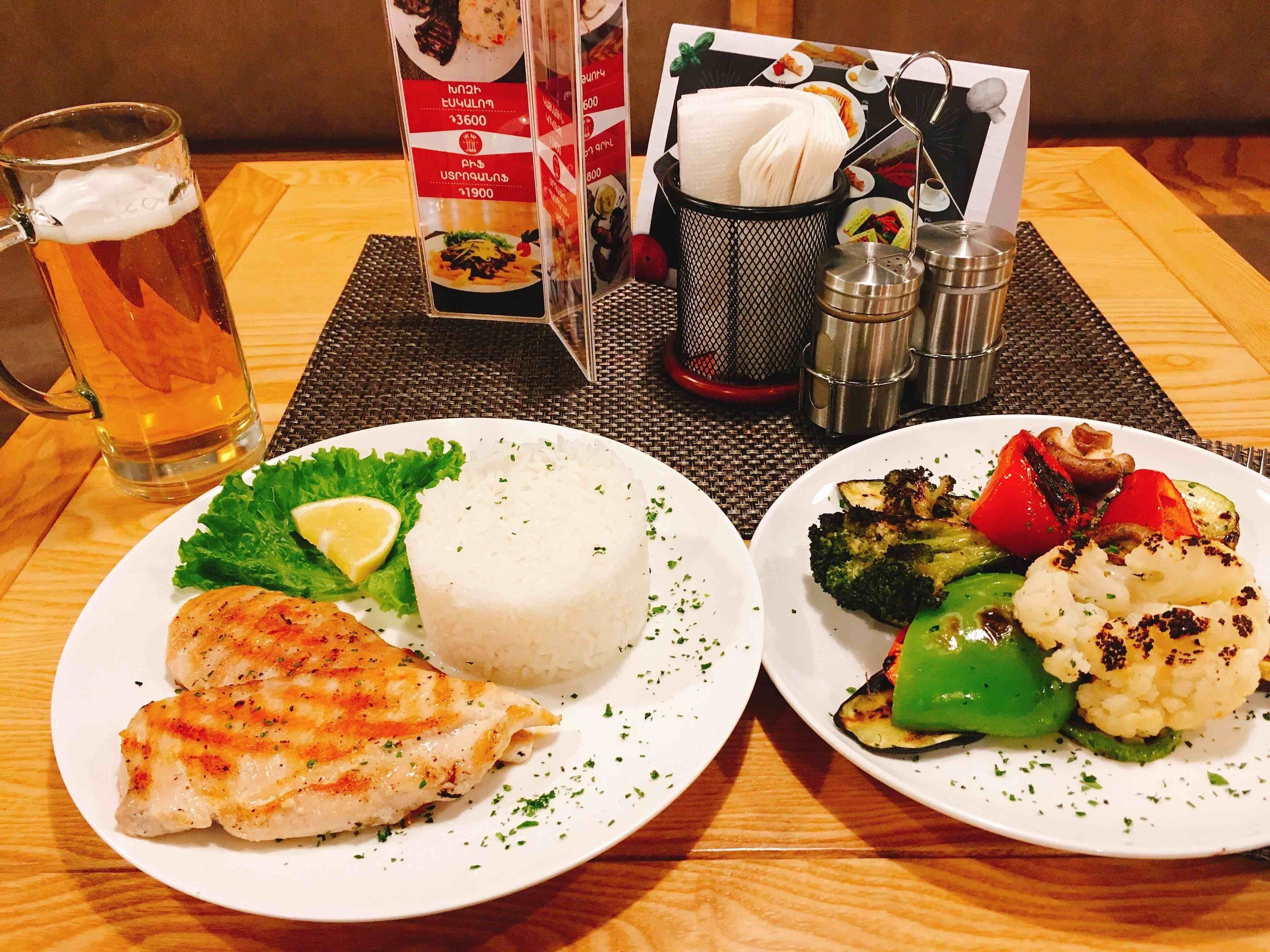 Delicious food!!!...must try # Steamed vegetables& rice#Grilled Chicken#Kilikia beer ✌️😍🍺