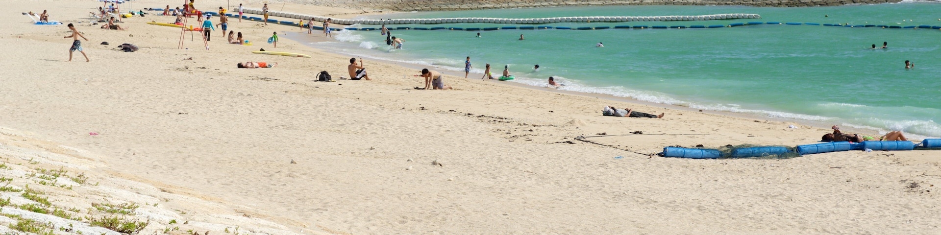 Uma praia com pessoas se banhando ao sol, nadando e brincando.
