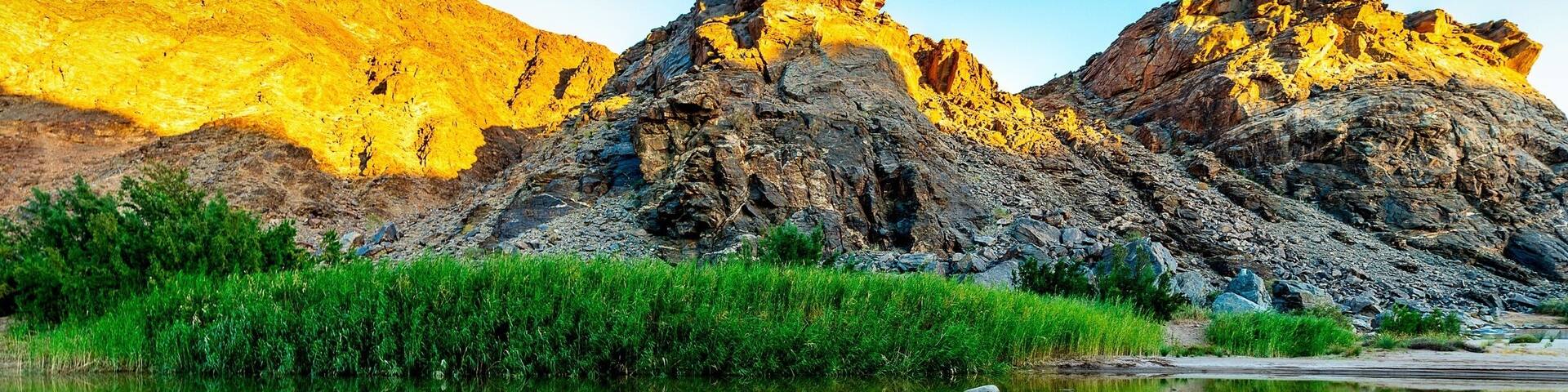 An amazing campsite set on the Fish River. Get up early and walk down the river, depending on the time of year it will have different levels of water but their is a path. As the sun rises and lights up the mountains on the west side of the valley, there are some amazing reflections. A beauty to behold. #GreatOutdoors