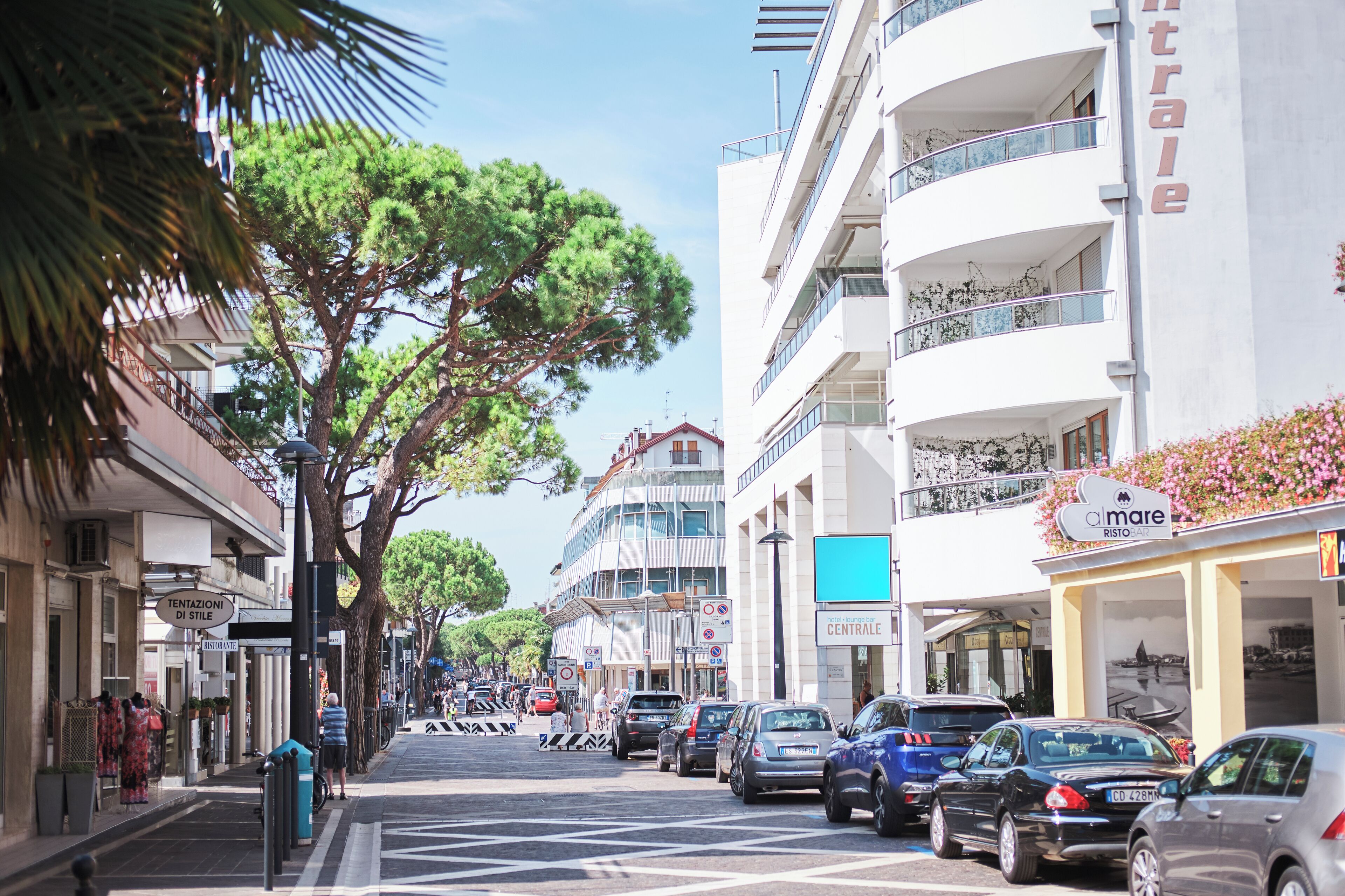 Una calle bordeada de coches aparcados, árboles y edificios de varios pisos con balcones.