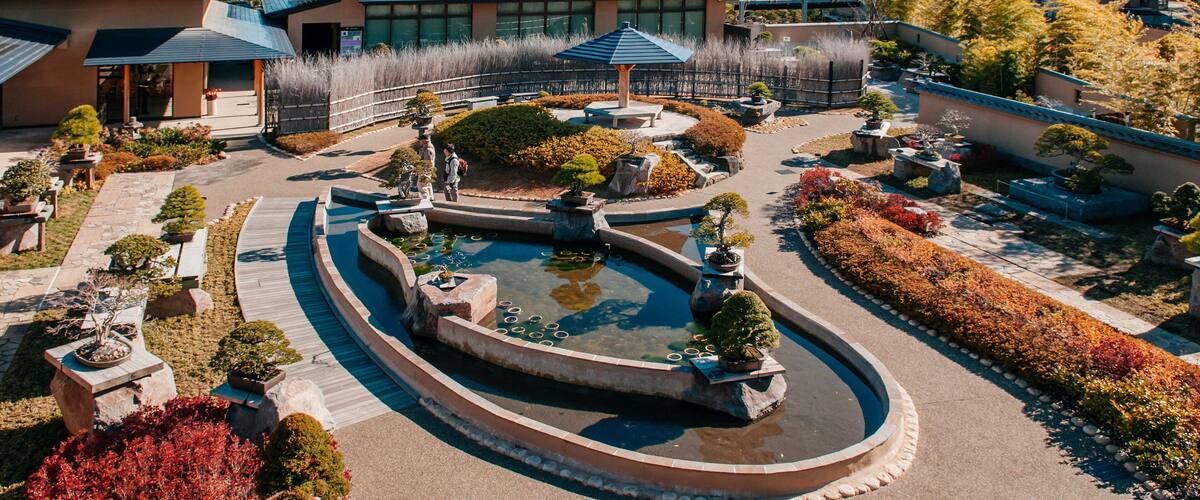 DEC 10, 2012 Omiya, Saitama, JAPAN - Japanese Omiya Bonsai Museum zen garden in Bonsai village shot from high angle view of landscape and pond