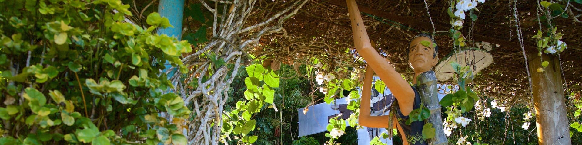 A sculpture of a person in a garden with a sign that reads "Mountain View Nature Park".