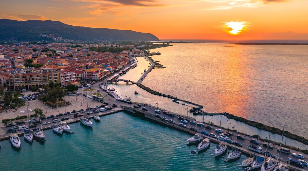 Lefkas (Lefkada) town, amazing view at the small marina for the fishing boats with the nice wooden bridge and promenade, Ionian island, Greece