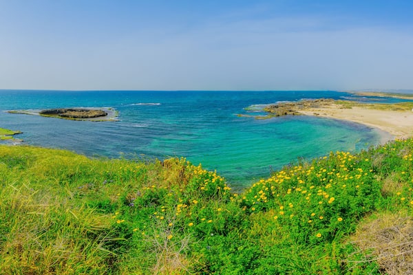Panoramic view of the beach, coves and cliffs in Dor beach