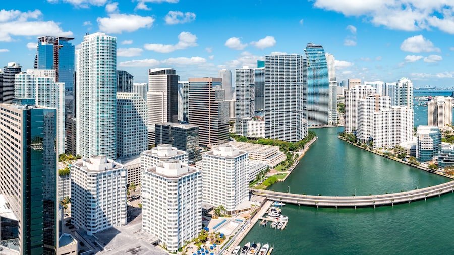 Aerial panorama of Miami, Florida. Miami is a majority-minority city and a major center and leader in finance, commerce, culture, arts, and international trade.
