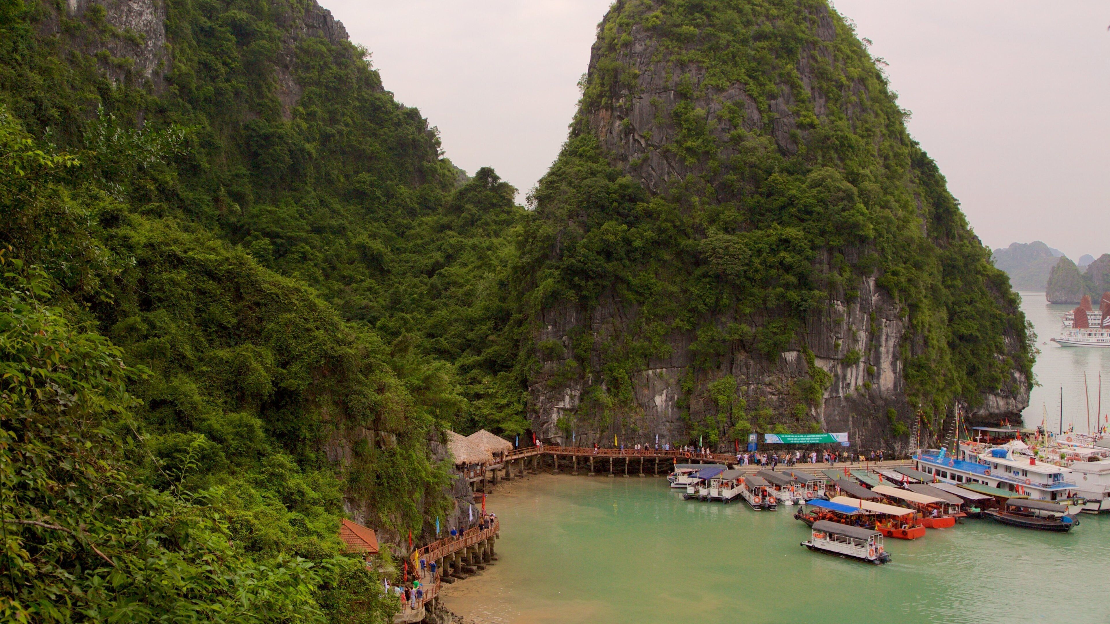 Halong Bay fasiliteter samt øylandskap, tropisk landskap og båter
