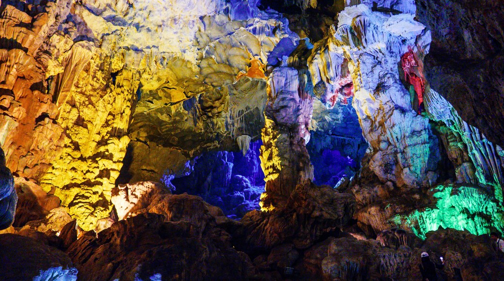 Colorful inside of Hang Sung Sot cave world heritage site in Halong Bay, Vietnam