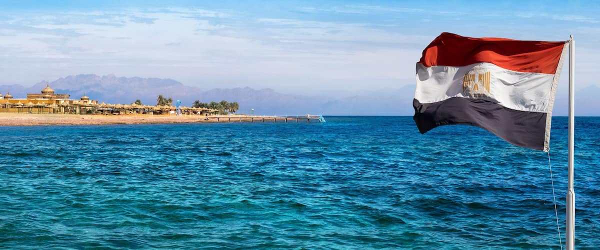 A beach with a flag, palm trees, and mountains in the background.