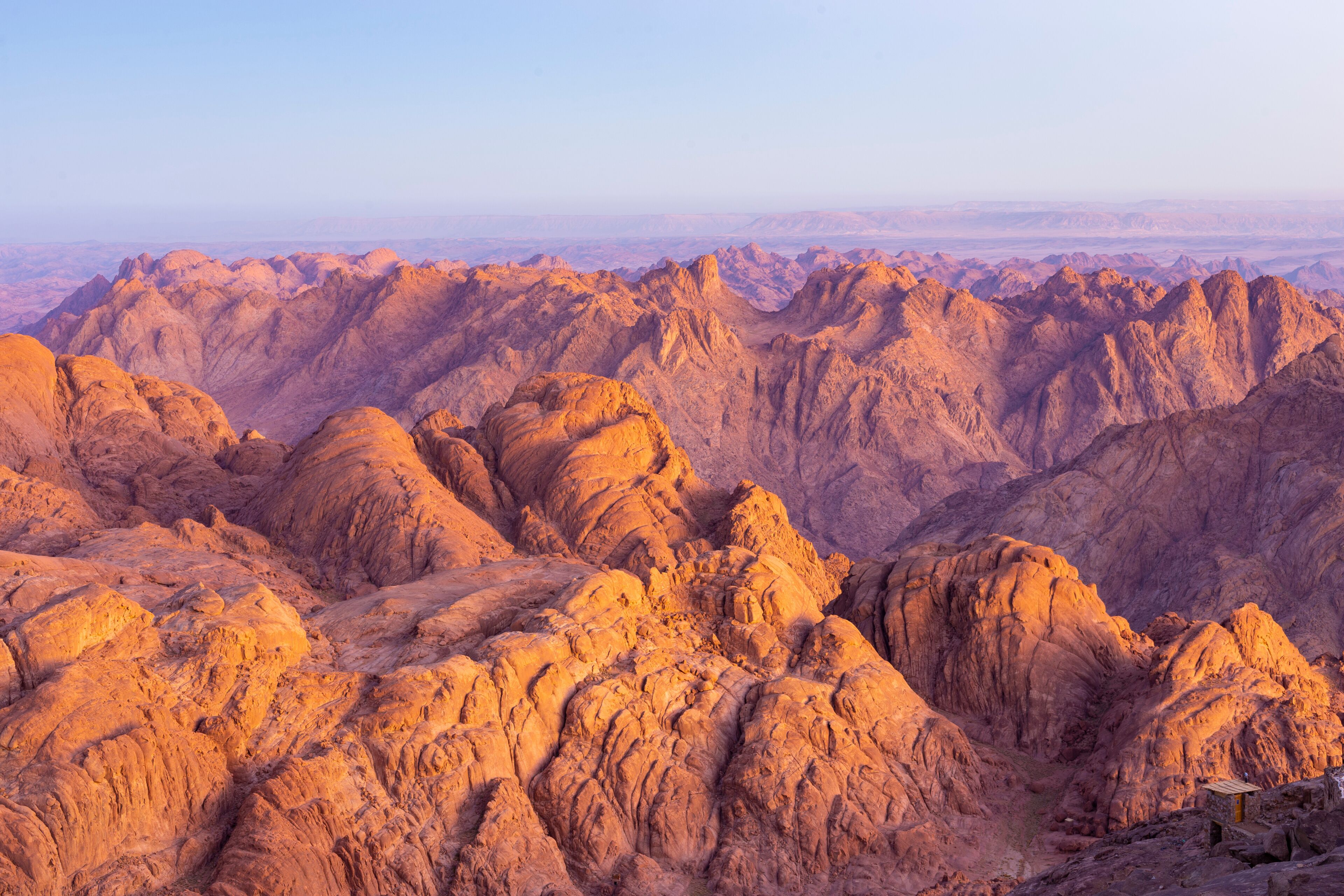 Egypt. Mount Sinai in the morning at sunrise. (Mount Horeb, Gabal Musa, Moses Mount). Pilgrimage place and famous touristic destination.
