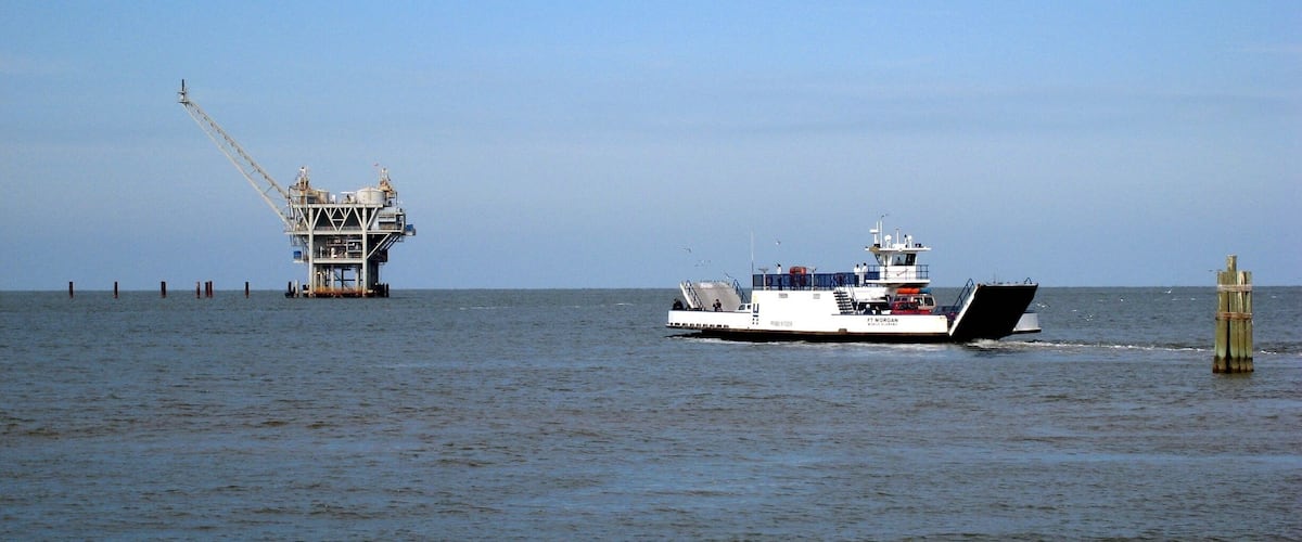 Ferry going across the Bay from Fort Morgan.