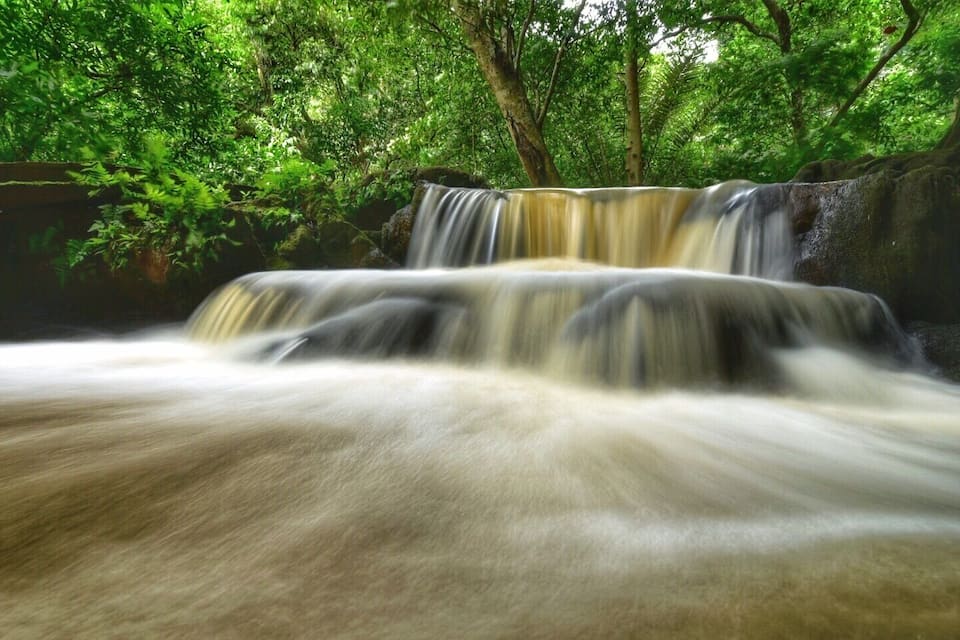 A waterfall in a forested area.