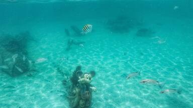 Escena submarina con una estatua de Mickey Mouse rodeada de peces y coral.