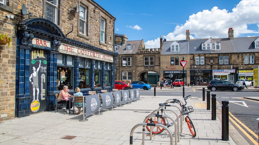 A street with a pub named 'The Hail Ale' and 'The Gosforth Hotel'. There are bicycles parked on the sidewalk, a 'Give Way' sign, and cars on the road.